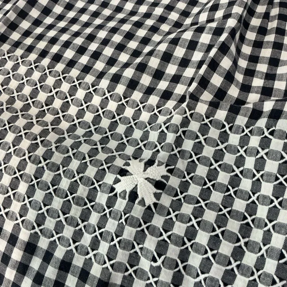 Vintage Handmade Black White Gingham Half Apron Embroidered Pocket 70” Tie